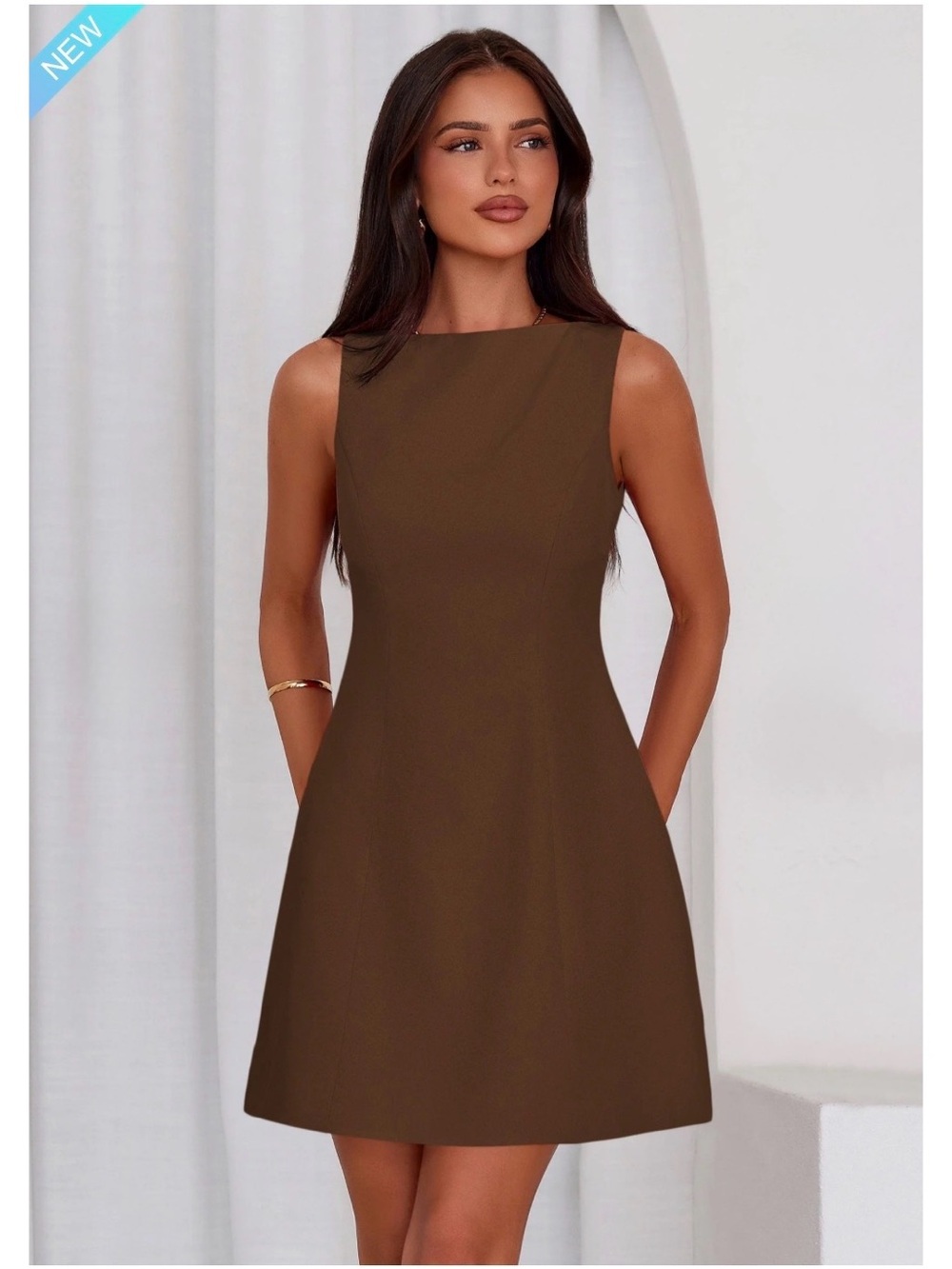 PRETTYGARDEN Women’s Short Dress Size Small Brown Sleeveless Boat Neck NWT